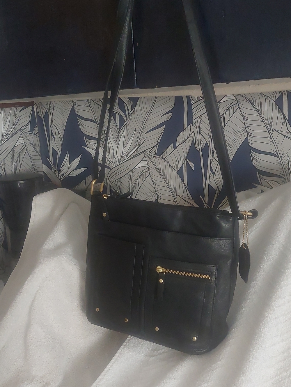 Black Leather Shoulder Bag with Gold Hardware